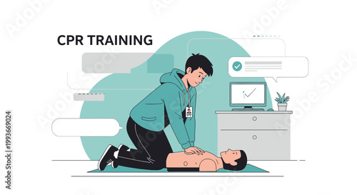 CPR Training: Man Performing Cardiopulmonary Resuscitation on Mannequin, Medical Education