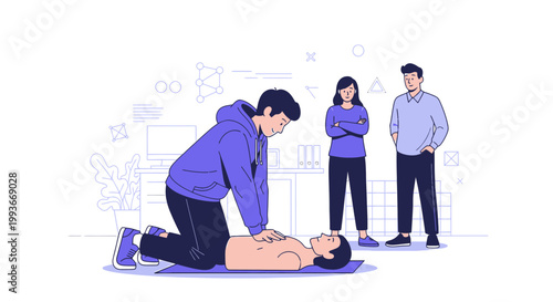 CPR Training: Man performing chest compressions on a dummy while others watch