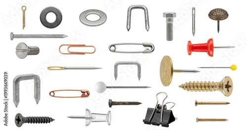 Collection of Assorted Fasteners and Office Supplies: Nails, Screws, Thumbtacks, Pins, Clips