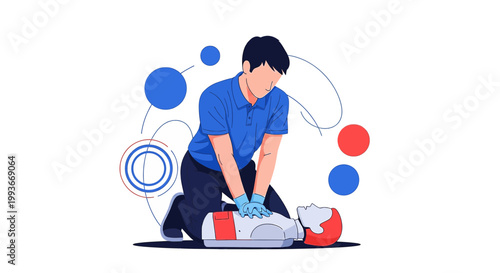 CPR Training: Man performing chest compressions on a dummy, medical emergency response concept
