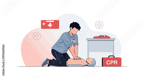 CPR training: man performing chest compressions on dummy with medical icons