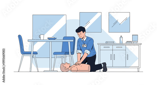 CPR training: Man performs chest compressions on a dummy in a modern room