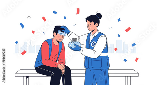 Paramedic applies ice pack to forehead of man sitting on bench, confetti falling