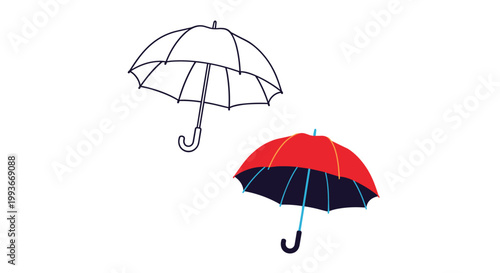 Illustration of two open umbrellas featuring one minimalist line drawing and one colored in vibrant red and dark blue tones.