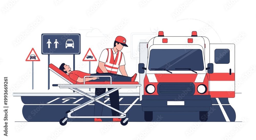 Fototapeta premium Paramedic assisting patient on stretcher near ambulance on highway, emergency scene