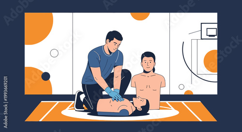CPR Training: Man Practicing Chest Compressions on Mannequin, Medical Education