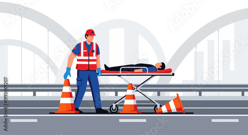 Paramedic assisting patient on stretcher after accident on highway with traffic cones