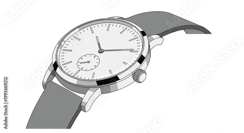 Detailed illustration of a classic silver wristwatch with a grey strap and a white dial showing time in a minimalist modern style.