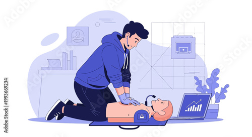 CPR Training: Man Practicing Resuscitation on Manikin with Laptop and Charts