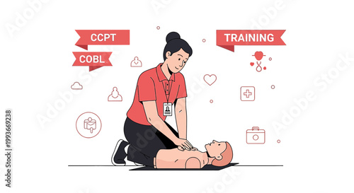 CPR Training: Medic performs chest compressions on dummy, emphasizing emergency response and life support.