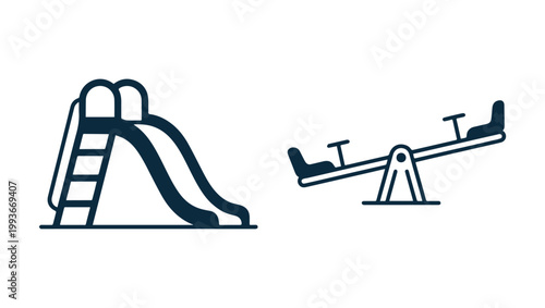 Minimal Playground Equipment Icon Set on PNG Background – Slide and Seesaw Line Art Vector, playground icons, slide icon vector, seesaw icon illustration, playground equipment set, children play icon,