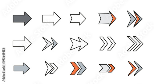Comprehensive set of fifteen arrow icons in various styles including solid filled hollow outline and colored directional markers.