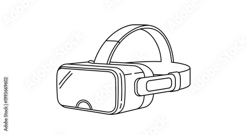 Simple black and white line drawing of a virtual reality vr headset with head straps and goggles for immersive gaming.
