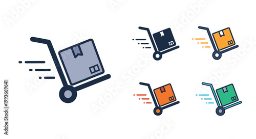 Collection of hand truck icons in different colors showing a parcel box being moved quickly with motion lines for delivery.