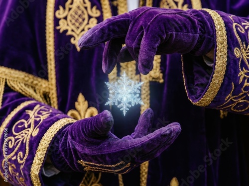 Magical Winter Scene with Glowing Snowflake Held by Gloved Hands.