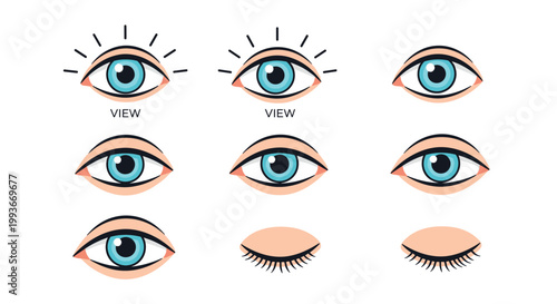 Set of nine blue eye icons showing various states from wide open with light rays to partially closed and fully shut with lashes.