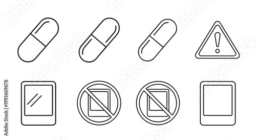 Collection of eight minimalist icons including medicinal pills a warning sign and mobile devices with a prohibition slash.