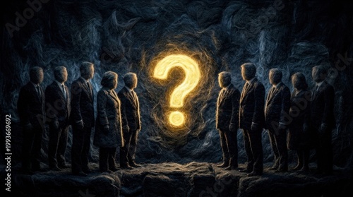Group of People Standing in a Dark Cave with a Bright Question Mark in the Center.