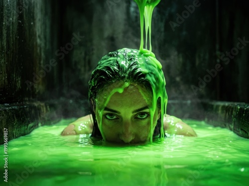 Mysterious Woman Emerging from Green Liquid in Dark Environment.