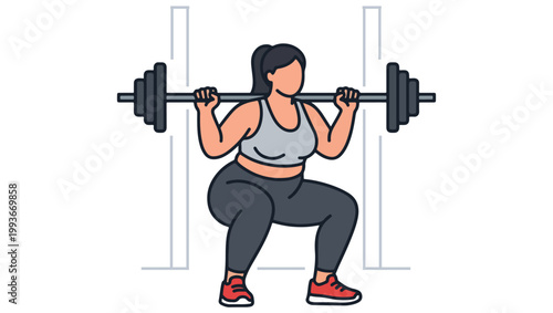 Minimal Plus-Size Woman Barbell Squat Icon on Transparent Background, barbell squat icon, women fitness vector, plus size fitness illustration, gym workout icon, strength training icon, squat exercise