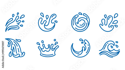 Minimal Water Splash Icon Set on PNG Background – Fluid Motion Vector Illustration Collection, water splash icons, water vector set, fluid motion icons, blue water splash illustration, droplet icons, 