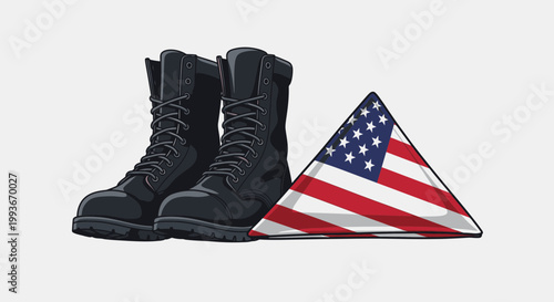 Memoriam Day tribute with black boots and folded American flag on ground