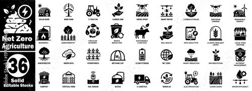 Comprehensive net zero agriculture solid icon set with carbon sink bioenergy vertical farm hydroponics and smart irrigation systems for sustainable farming.