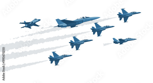 Military jets perform an aerobatic show on Memoriam Day over a sunny sky with trails of smoke behind them flying in formation.