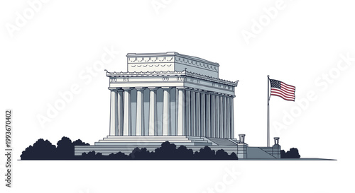Lincoln Memorial Reflecting Pool Scene on Memorial Day with American Flag Waving and People Visiting the Washington Monument in DC