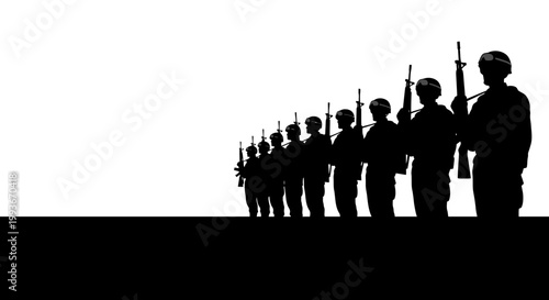Soldiers stand at attention on Memoriam Day in a solemn ceremony with guns raised high in unison outdoors in a crowd.
