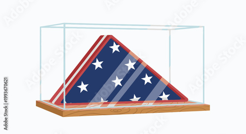 A solemn Memoriam Day ceremony honors fallen soldiers with a folded American flag displayed in a glass case on a wooden base indoors.