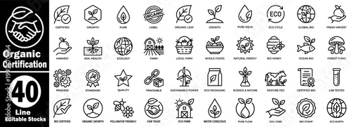 Organic certification line icon set for eco-friendly products, including fair trade non gmo bio certified labels, and sustainable farming quality standards.