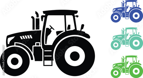 Three agricultural tractors in contrasting black, blue, and green designs