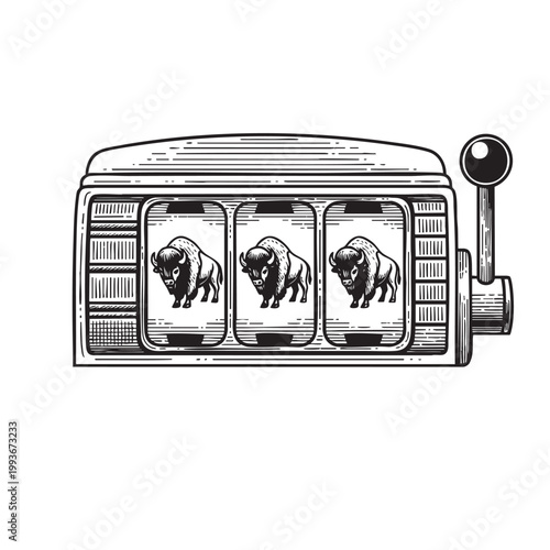 Vintage Slot Machine Displaying Three Buffalo Symbols — Classic Casino Gambling Ink Drawing Vector