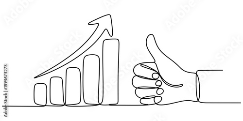 Continuous line art of a rising financial bar chart and a hand gesture showing a thumb up sign for success now. Vector, illustration