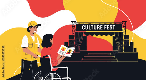 Culture Fest Event: Wheelchair User Assisted by Volunteer, Stage Background