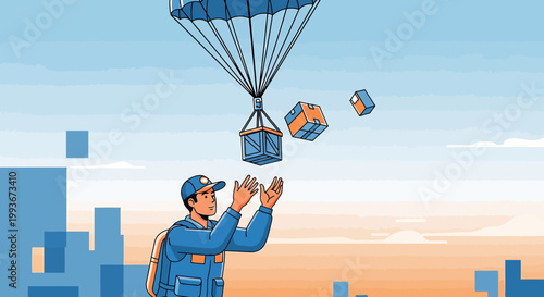 Delivery Drone Drops Package to Man in City, Logistics Concept