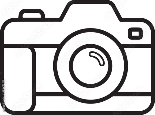 Camera icon represents photography equipment as a minimalist black line drawing on a solid white surface for technical documentation.