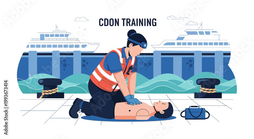 CPR Training: Rescuer Performs Chest Compressions on Manikin by Water