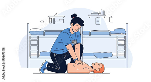 CPR Training: Rescuer Performs Chest Compressions on Manikin in Dorm Room Setting