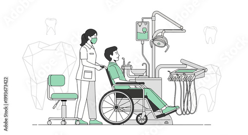 Dentist assisting patient in wheelchair, dental care for disabled, modern clinic