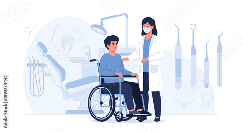 Dentist helping a disabled patient in a wheelchair at a dental clinic