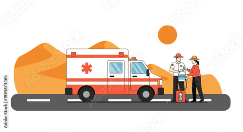 Desert Ambulance Rescue: Paramedics Aid Person with Medical Bag and Sun