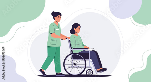 Nurse pushing patient in wheelchair, healthcare assistance, medical care, support, disability