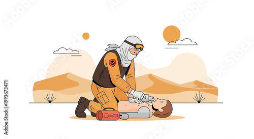 Desert Rescue: First Aid Provider Performs CPR on Patient Amidst Sand Dunes