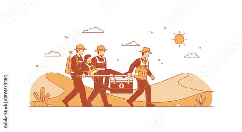 Desert Rescue: Medics Carry Injured Person on Stretcher Under Hot Sun