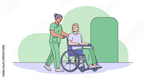 Nurse pushing patient in wheelchair, healthcare assistance, rehabilitation concept