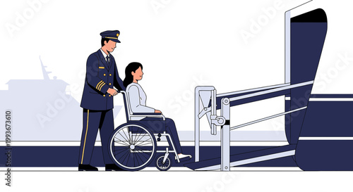 Disabled Passenger Assisted by Crew Member onto Aircraft Stairlift