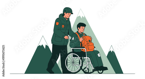 Disabled hiker assisted by rescuer in mountainous terrain, wheelchair accessibility concept