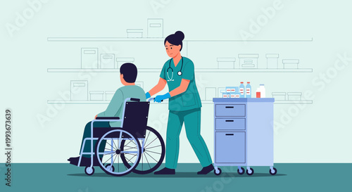 Nurse pushing patient in wheelchair, medical cart with medications in clinic or hospital.